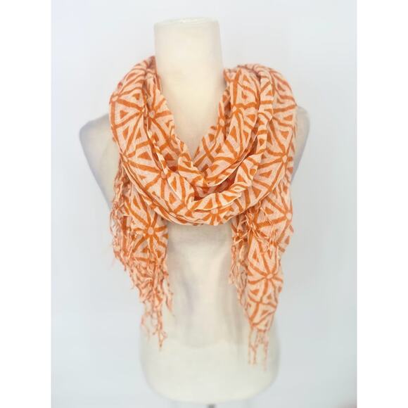 Spartina 449 Orange Cream Geometric Patterned Scarf Fringe Viscose Lightweight - Picture 1 of 6